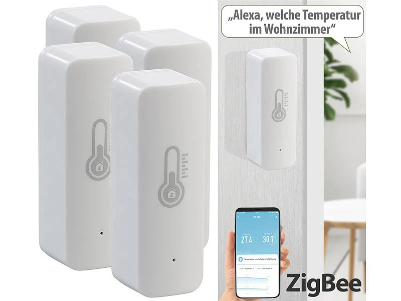 Luminea Home Control Temperatur Datenlogger:4er-Set ZigBee-Temperatur- & Luftfeuchtigkeits-Sensoren Mit App - Image 2
