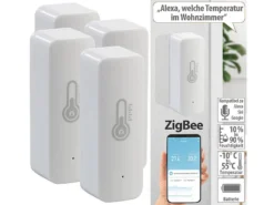 Luminea Home Control Temperatur Datenlogger:4er-Set ZigBee-Temperatur- & Luftfeuchtigkeits-Sensoren Mit App