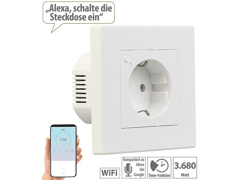 Luminea Home Control Amazon Alexa Steckdose:5er-Set WLAN-Unterputz-Steckdosen Mit Verbrauch-Messung, App, 3.680 W - Image 8