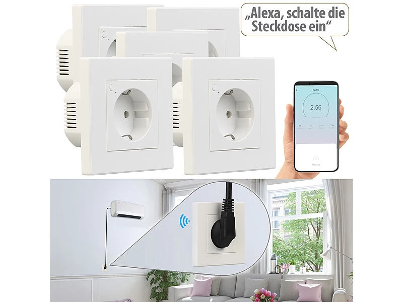 Luminea Home Control Amazon Alexa Steckdose:5er-Set WLAN-Unterputz-Steckdosen Mit Verbrauch-Messung, App, 3.680 W - Image 2