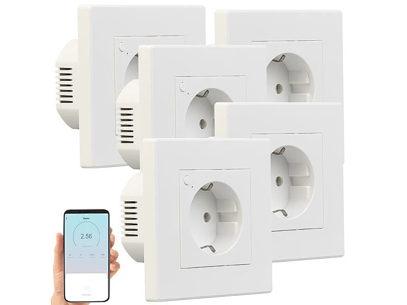 Luminea Home Control Amazon Alexa Steckdose:5er-Set WLAN-Unterputz-Steckdosen Mit Verbrauch-Messung, App, 3.680 W - Image 3