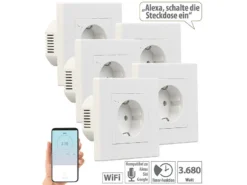 Luminea Home Control Amazon Alexa Steckdose:5er-Set WLAN-Unterputz-Steckdosen Mit Verbrauch-Messung, App, 3.680 W
