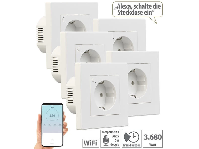 Luminea Home Control Amazon Alexa Steckdose:5er-Set WLAN-Unterputz-Steckdosen Mit Verbrauch-Messung, App, 3.680 W