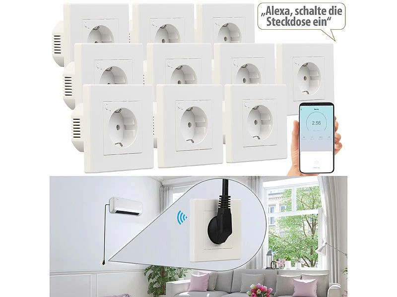 Luminea Home Control Alexa Smart Steckdose:10er-Set WLAN-Unterputz-Steckdosen Mit Verbrauch-Messung, App, 3.680 W - Image 2