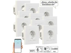 Luminea Home Control Alexa Smart Steckdose:10er-Set WLAN-Unterputz-Steckdosen Mit Verbrauch-Messung, App, 3.680 W