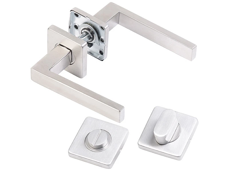 AGT Türbeschläge Badezimmer:2er-Set Edelstahl-Türbeschlag Bad & WC, 2 Klinken & Rosetten, Eckig