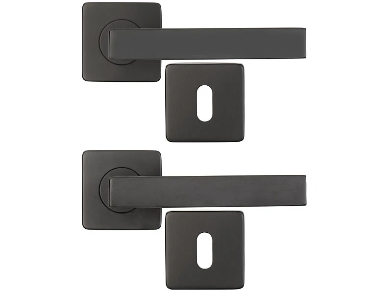 AGT Türklinke Edelstahl:2er-Set Edelstahl-Türbeschlag Mit 2 Klinken & Rosetten, Eckig, Schwarz - Image 2