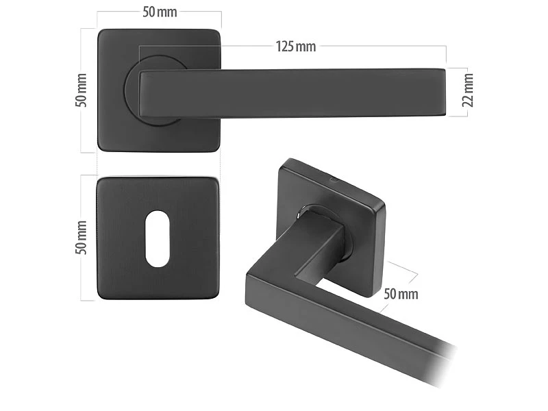 AGT Türklinke Edelstahl:2er-Set Edelstahl-Türbeschlag Mit 2 Klinken & Rosetten, Eckig, Schwarz - Image 3