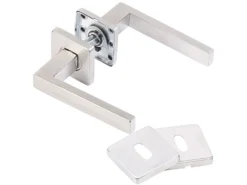 AGT Türbeschlag, Modern:2er-Set Edelstahl-Türbeschlag Mit 2 Klinken & Rosetten, Eckig, Silbern