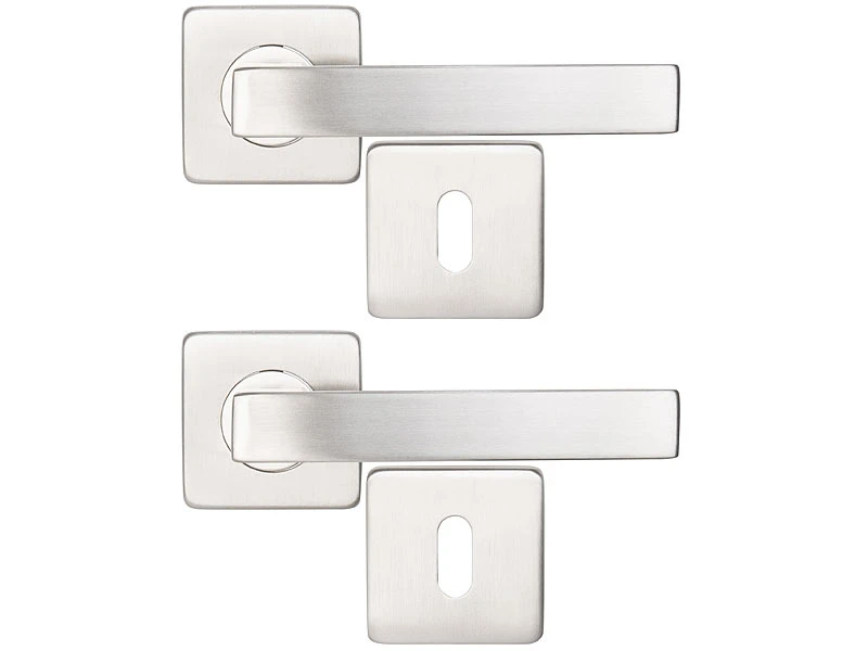 AGT Türbeschlag, Modern:2er-Set Edelstahl-Türbeschlag Mit 2 Klinken & Rosetten, Eckig, Silbern - Image 2