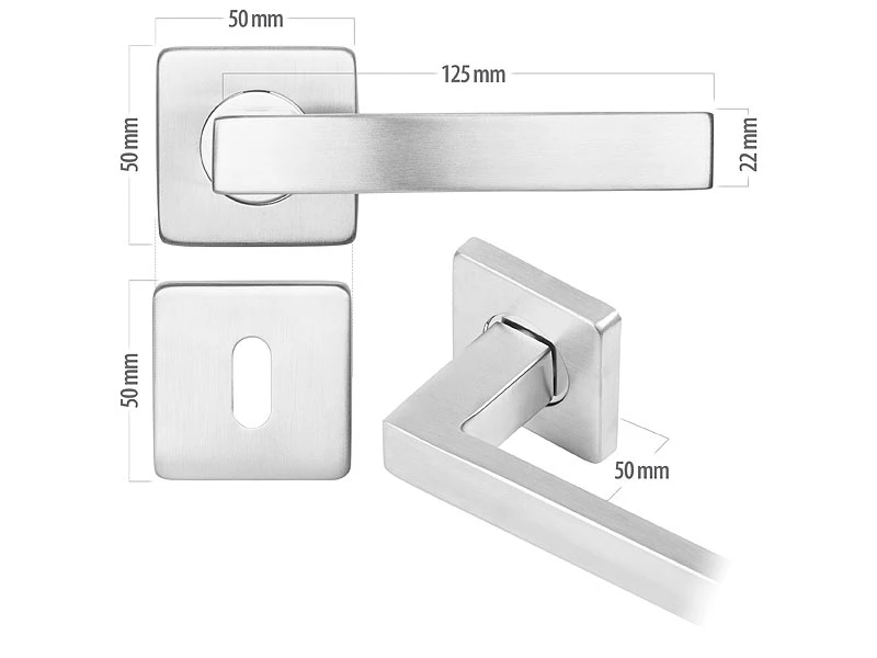 AGT Türbeschlag, Modern:2er-Set Edelstahl-Türbeschlag Mit 2 Klinken & Rosetten, Eckig, Silbern - Image 3