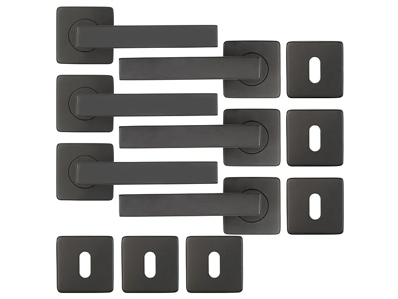 AGT Türklinken Edelstahl:3er-Set Edelstahl-Türbeschläge, Je 2 Klinken & Rosetten, Eckig Schwarz - Image 2