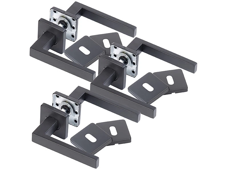 AGT Türklinken Edelstahl:3er-Set Edelstahl-Türbeschläge, Je 2 Klinken & Rosetten, Eckig Schwarz