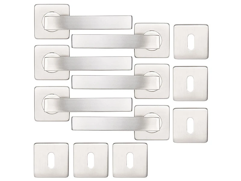 AGT Rostfreie Türbeschläge:6er-Set Edelstahl-Türbeschlag Mit 6 Klinken & Rosetten, Eckig, Silbern - Image 2