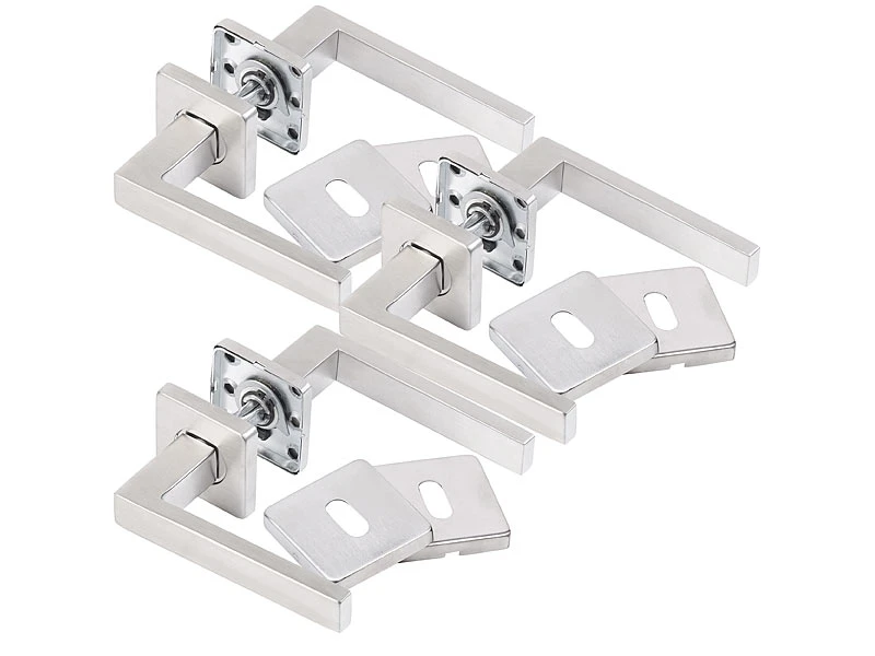 AGT Rostfreie Türbeschläge:6er-Set Edelstahl-Türbeschlag Mit 6 Klinken & Rosetten, Eckig, Silbern